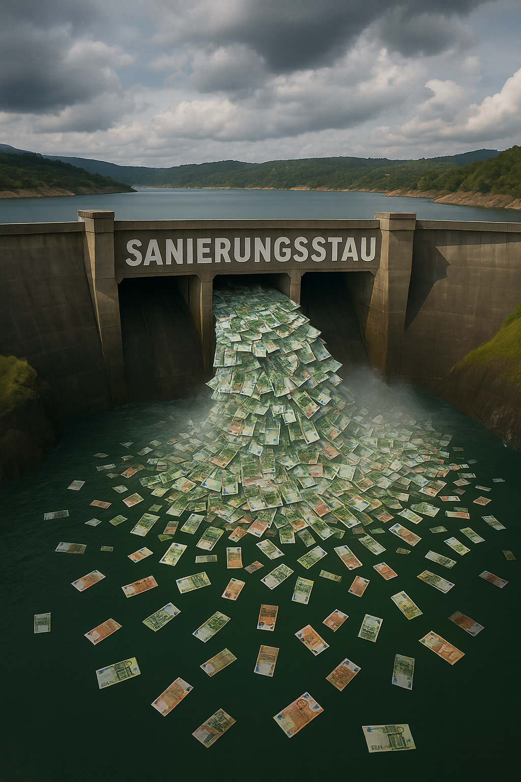 Ein Damm durch den Geld statt Wasser fließt