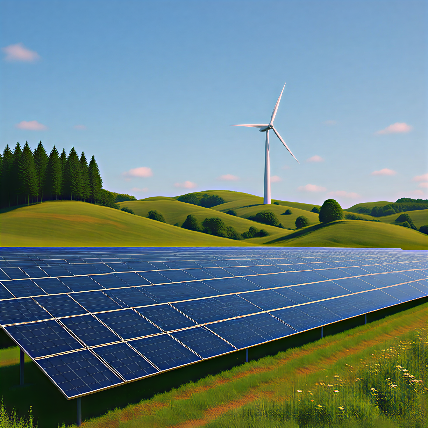 Eine hüglige Landschaft mit Solarkraftwerk und Windkraftwerk