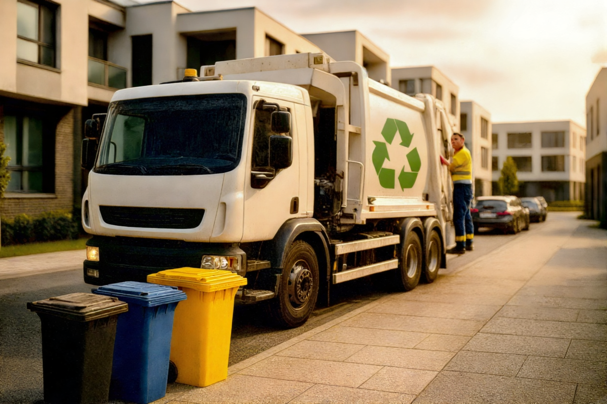 Ein Müllwagen mit Recycling-Logo und 3 verschiedenen Mülltonnen, die für Mülltrennung stehen