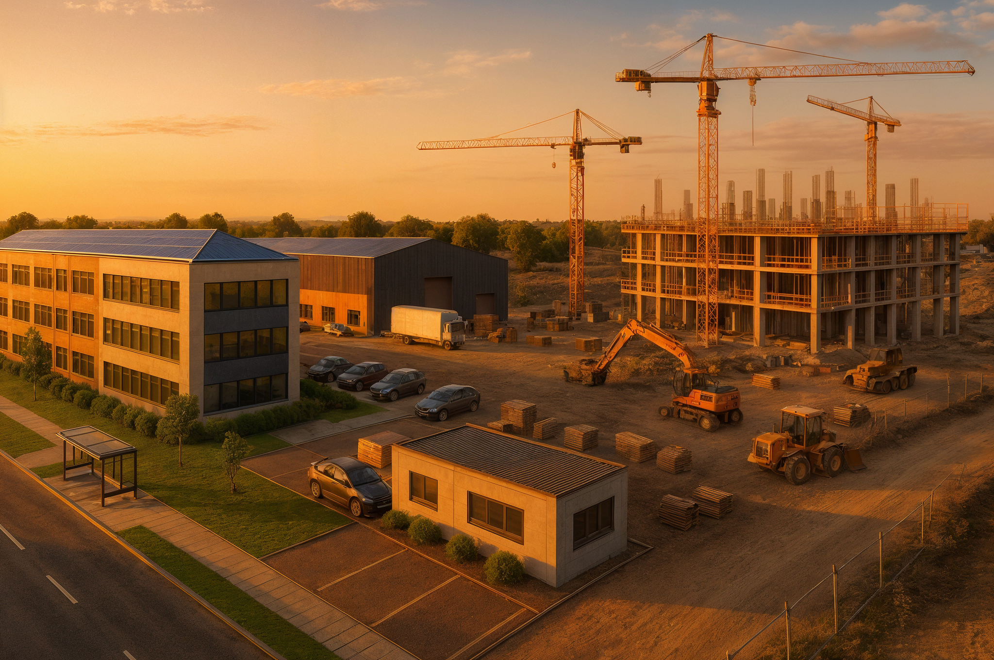 Ein Gewerbegebiet, indem ein neues Gebäude entsteht