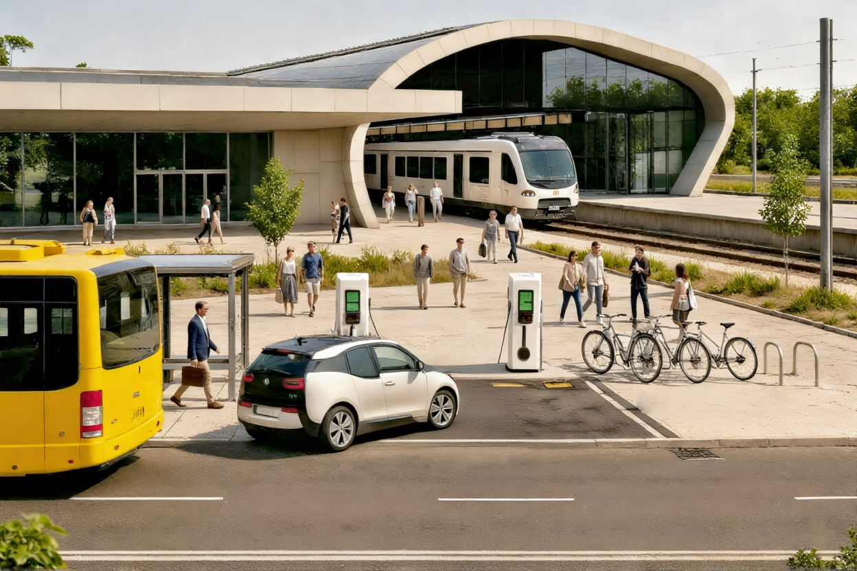 Ein moderner Bahnhof, mit Bushaltestelle und E-Ladesäulen