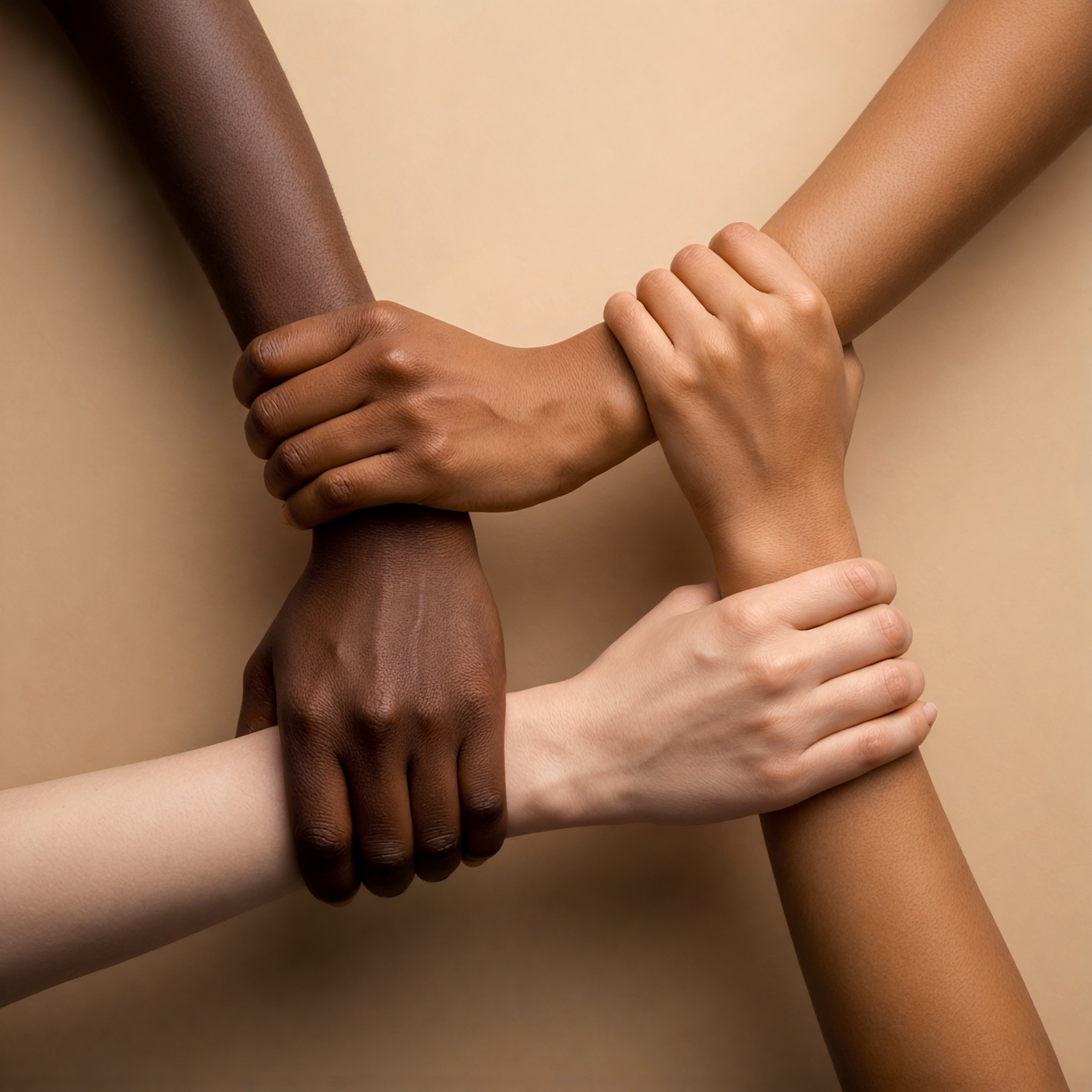 Vier Menschen verschiedener Herkunft greifen gegenseitig ihre Handgelänke und bilden so ein Raster